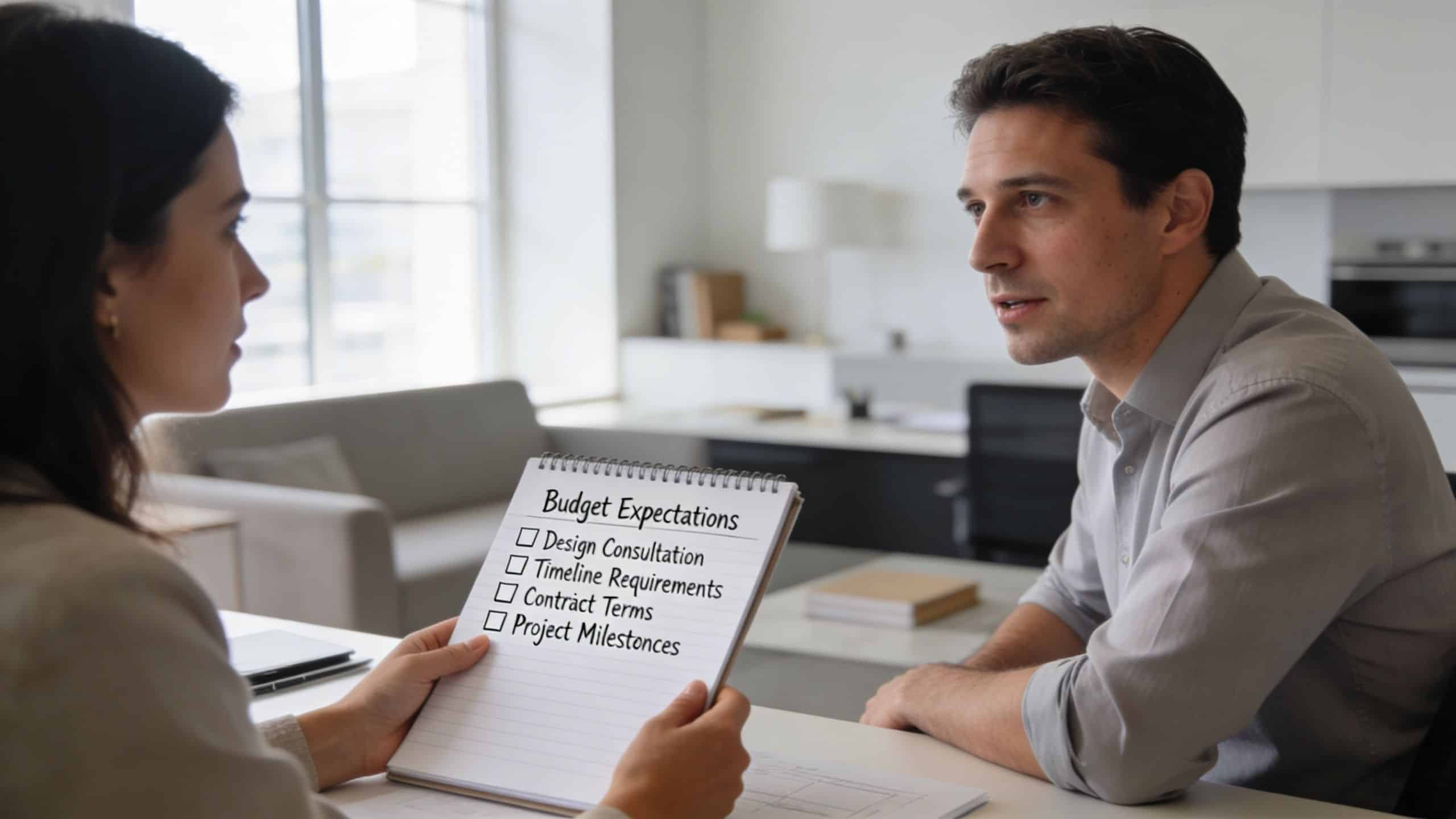 A professional woman holding a notepad labeled Budget Expectations while discussing project details with a male client.