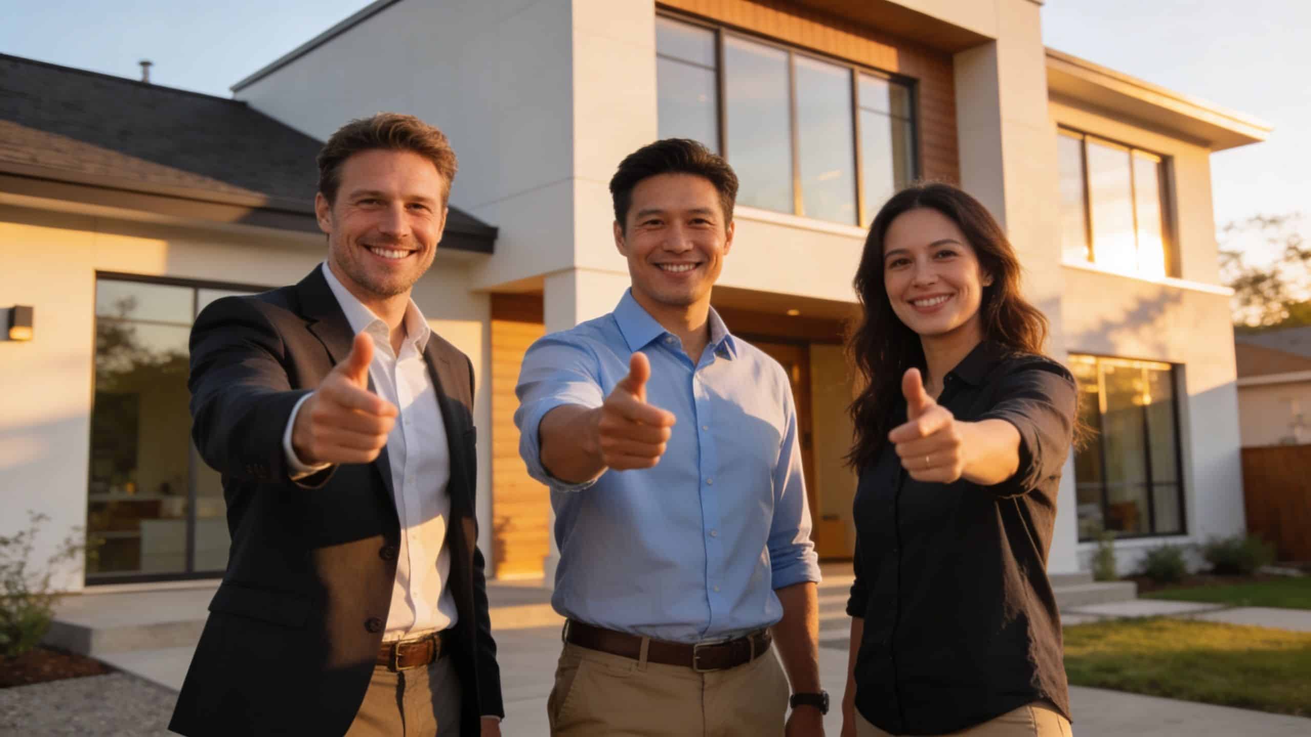 A professional design-build team standing confidently in front of a modern home and gesturing towards the camera.