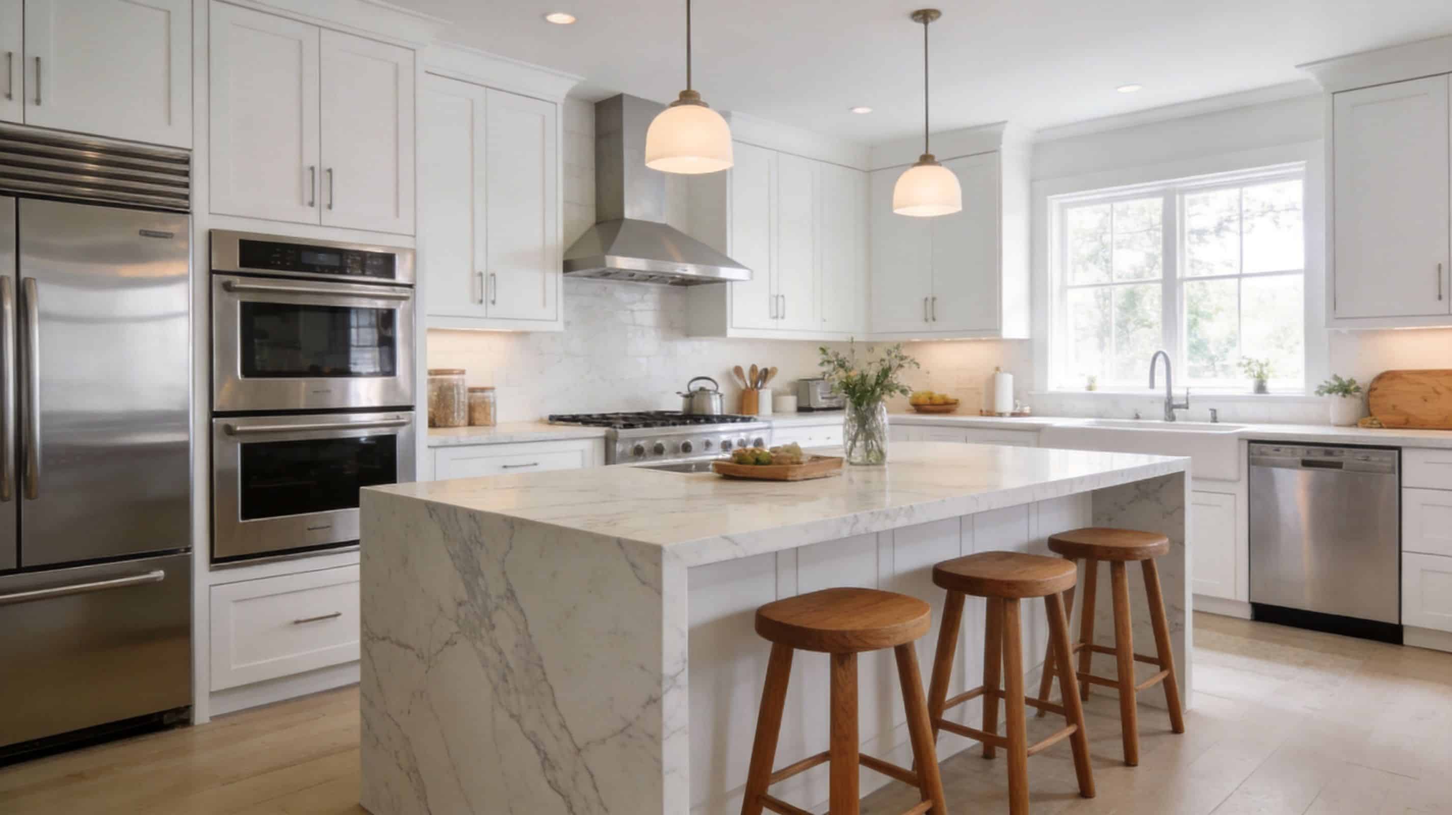 A modern white kitchen featuring a large marble island with wooden stools and stainless steel appliances.