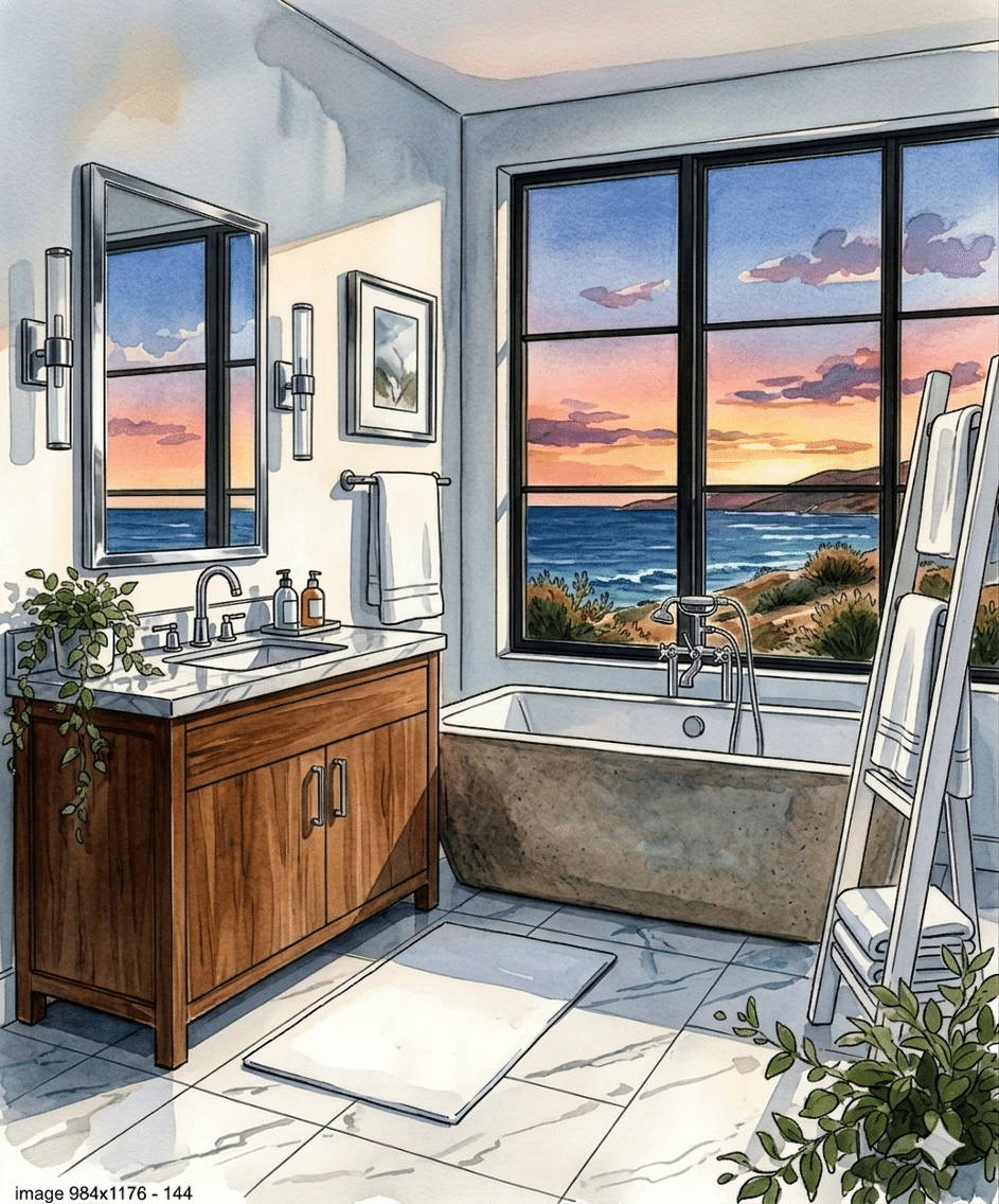 Modern bathroom with a large tub and ocean view at sunset through big windows, elegant and serene decor.