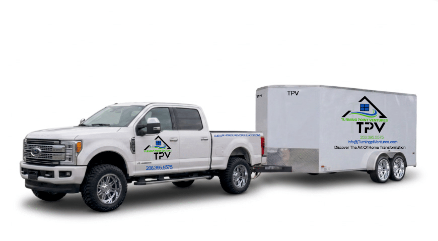 White TPV pickup truck towing a large branded trailer with the company logo and contact info.