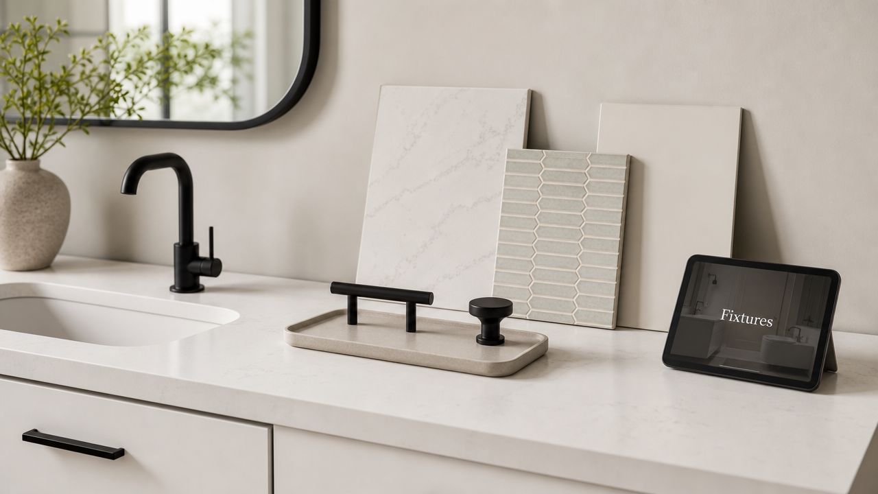 A modern bathroom vanity countertop featuring a matte black faucet, material samples, and a tablet showing interior design.