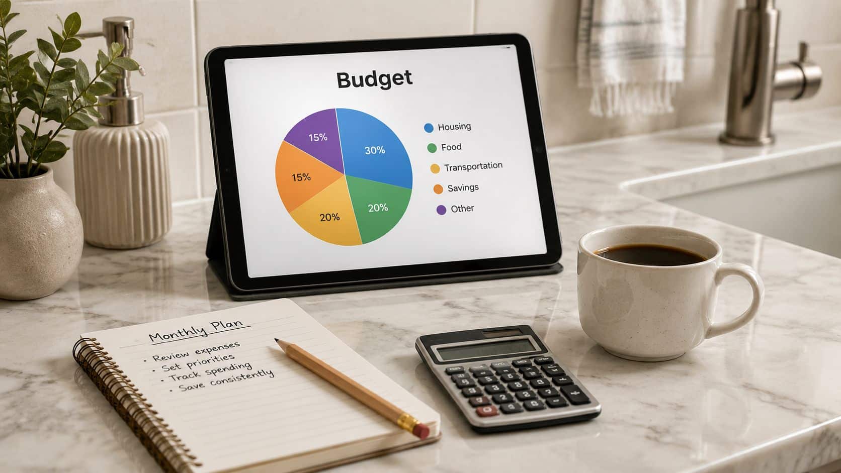 A tablet showing a budget pie chart next to a notebook with a checklist and a calculator.