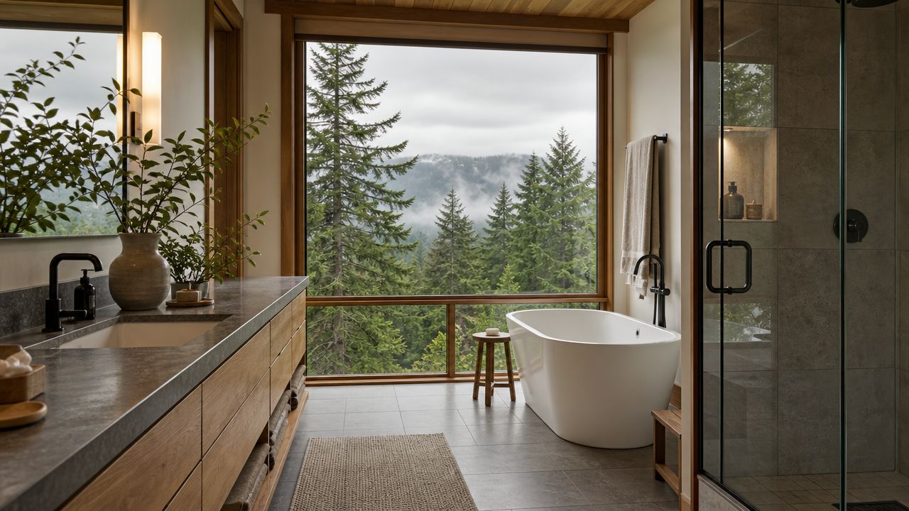 A luxurious modern bathroom featuring a freestanding soaking tub with a scenic view of a misty pine forest.