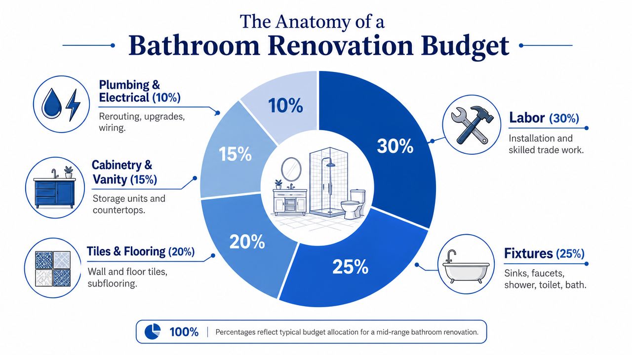 A pie chart showing the percentage breakdown of a typical mid-range bathroom renovation budget.