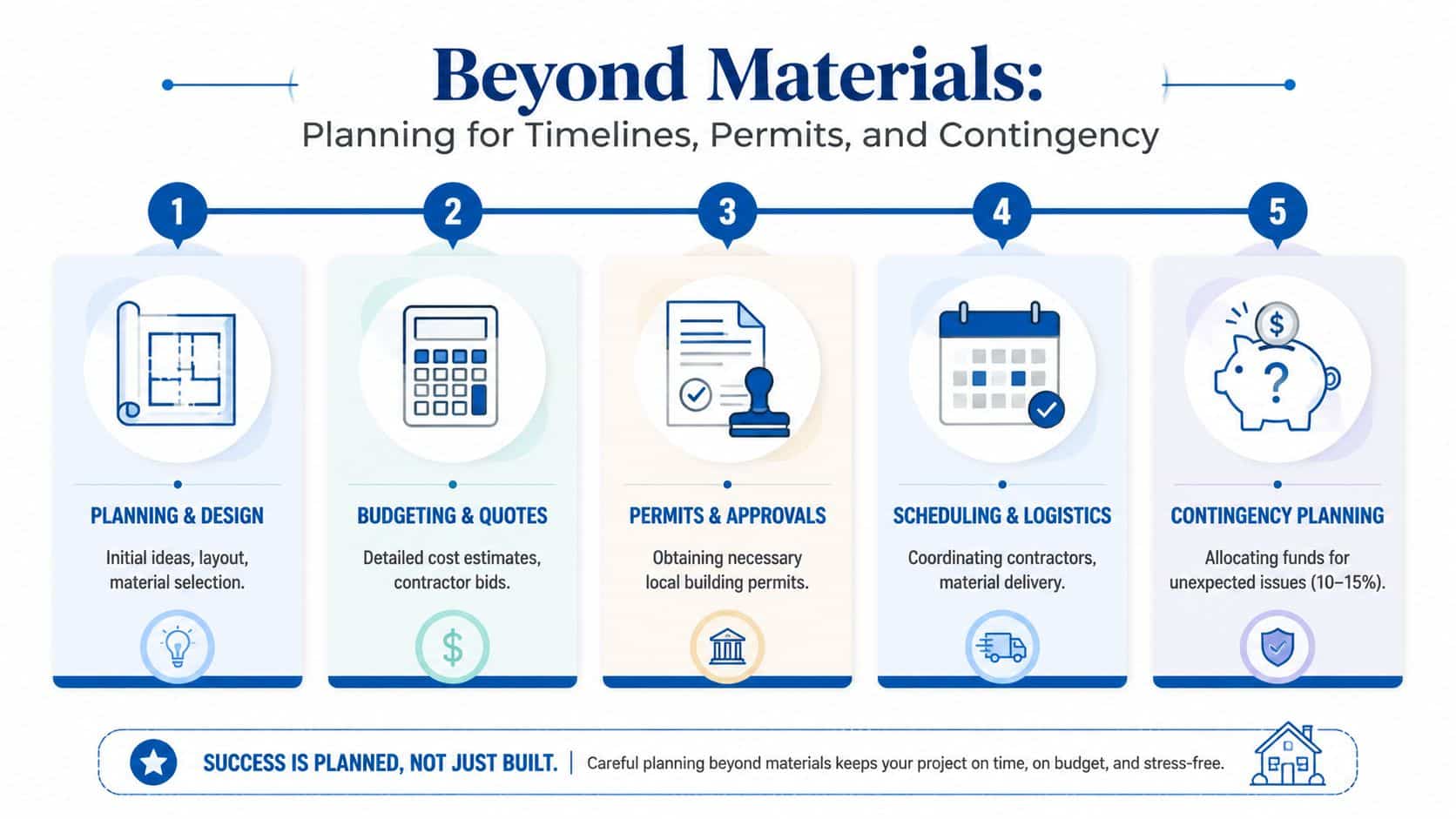 An infographic outlining the five essential steps for successful home project planning beyond just materials.