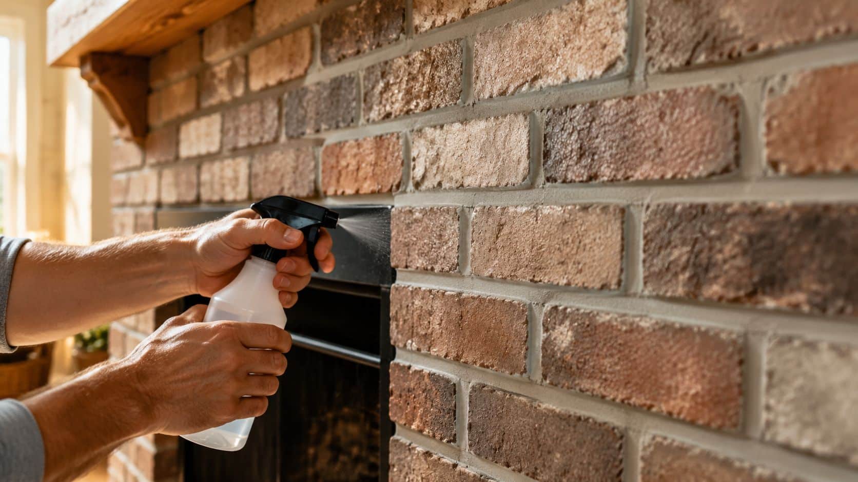A man's hand sprays cleaning solution onto a brick fireplace during maintenance or repair work.