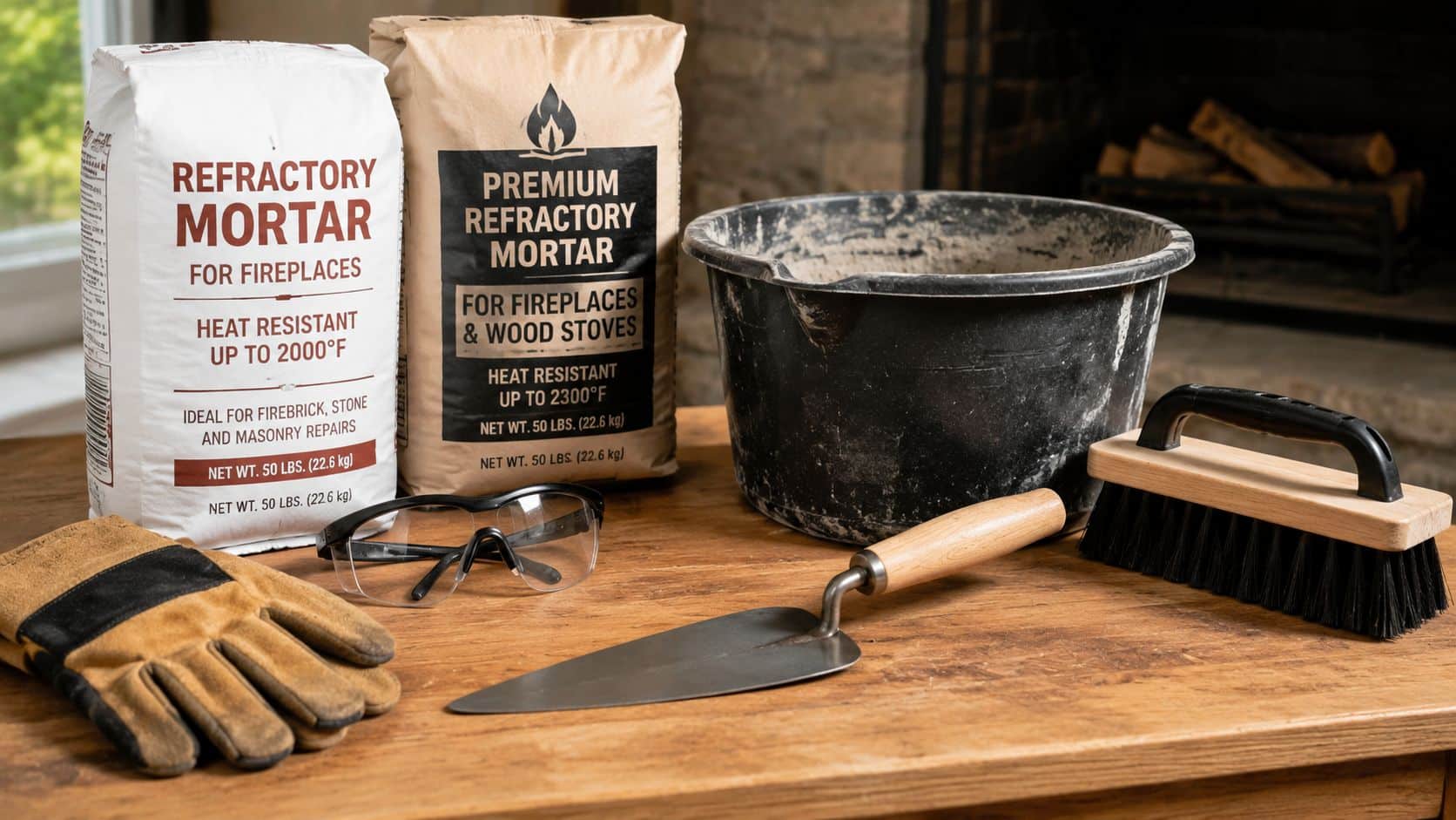 A display of fireplace repair supplies, including two bags of refractory mortar, a trowel, gloves, and tools.