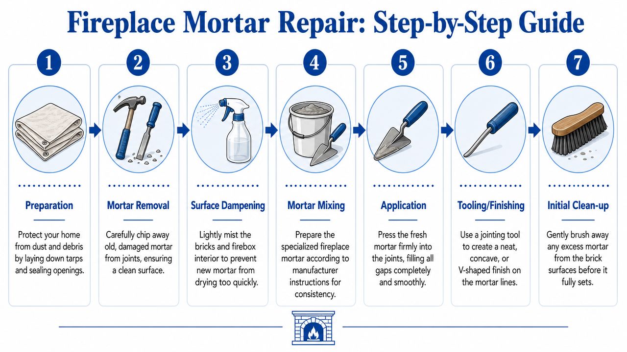 A step-by-step infographic showing seven phases for repairing fireplace mortar using various construction tools.