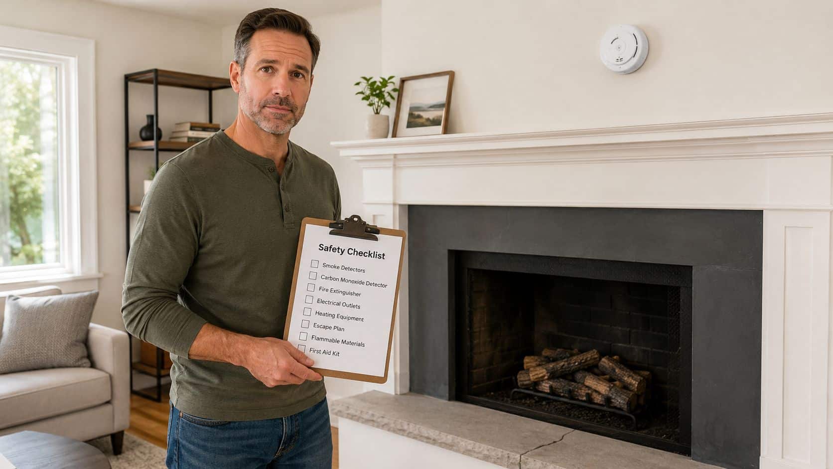 A middle-aged man standing by a fireplace holding a home safety checklist on a clipboard.