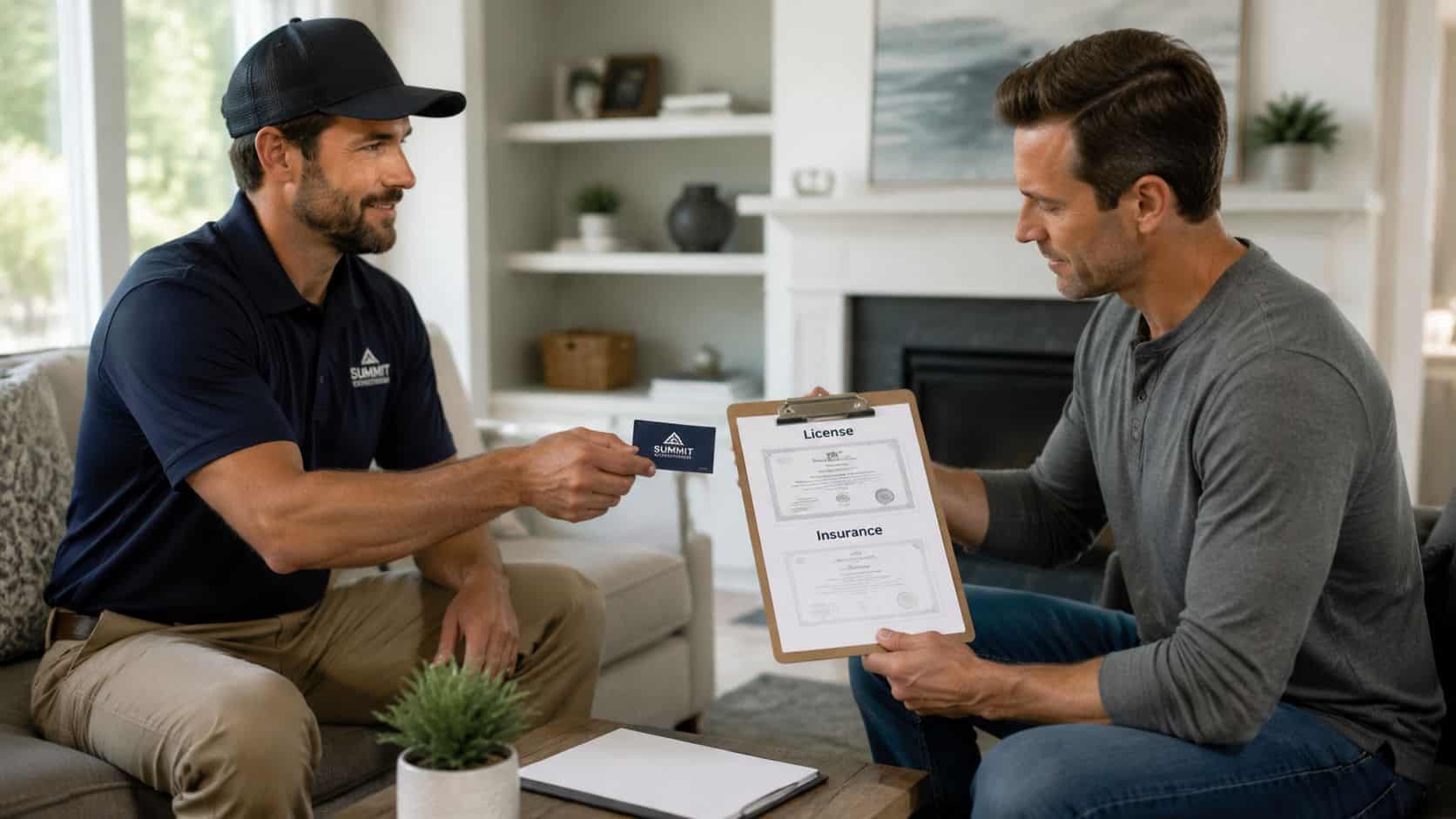 A professional technician presents his identification and documents to a homeowner in a comfortable living room.