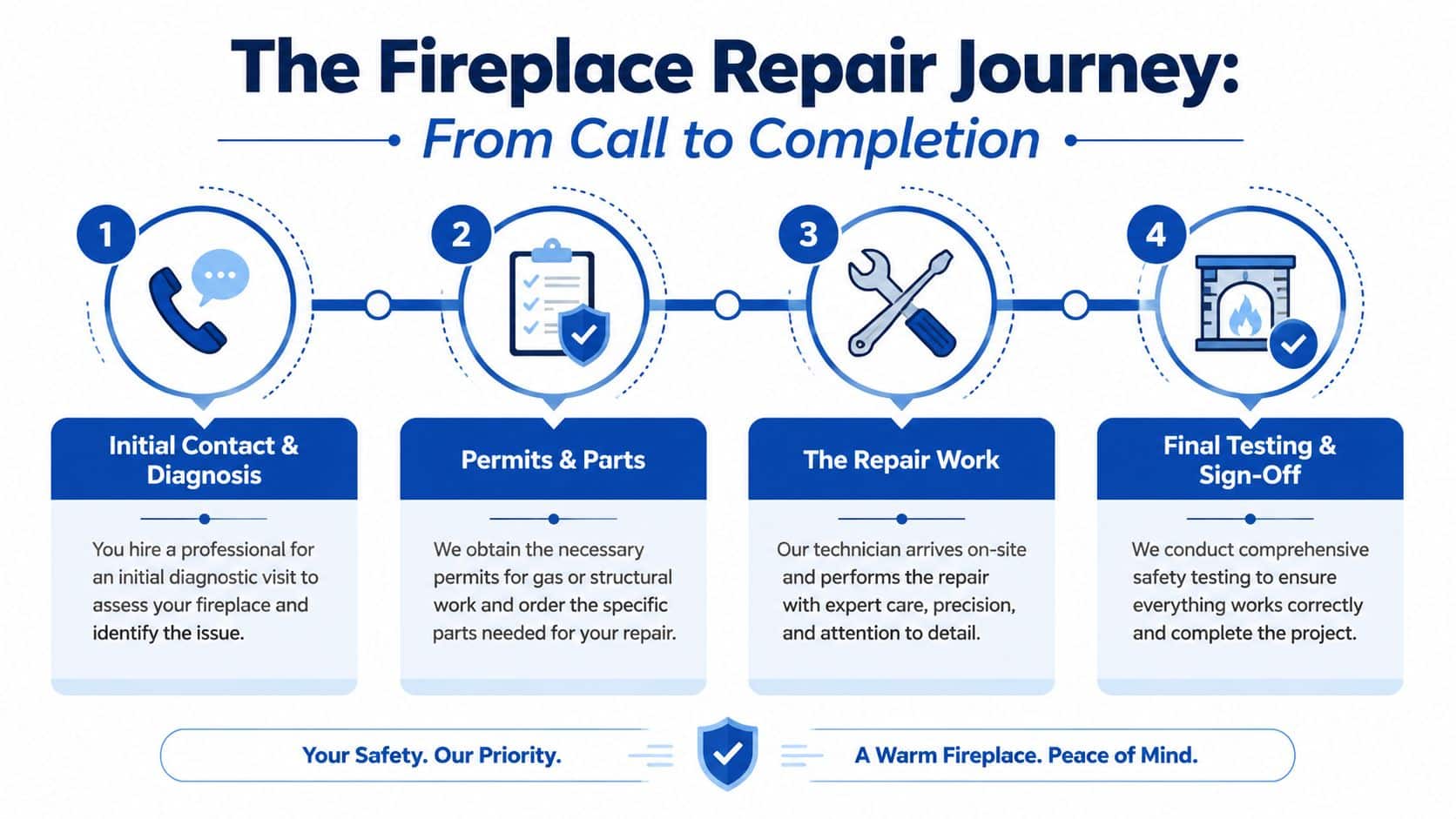 A four-step infographic illustrating the fireplace repair process from initial contact to the final safety sign-off.