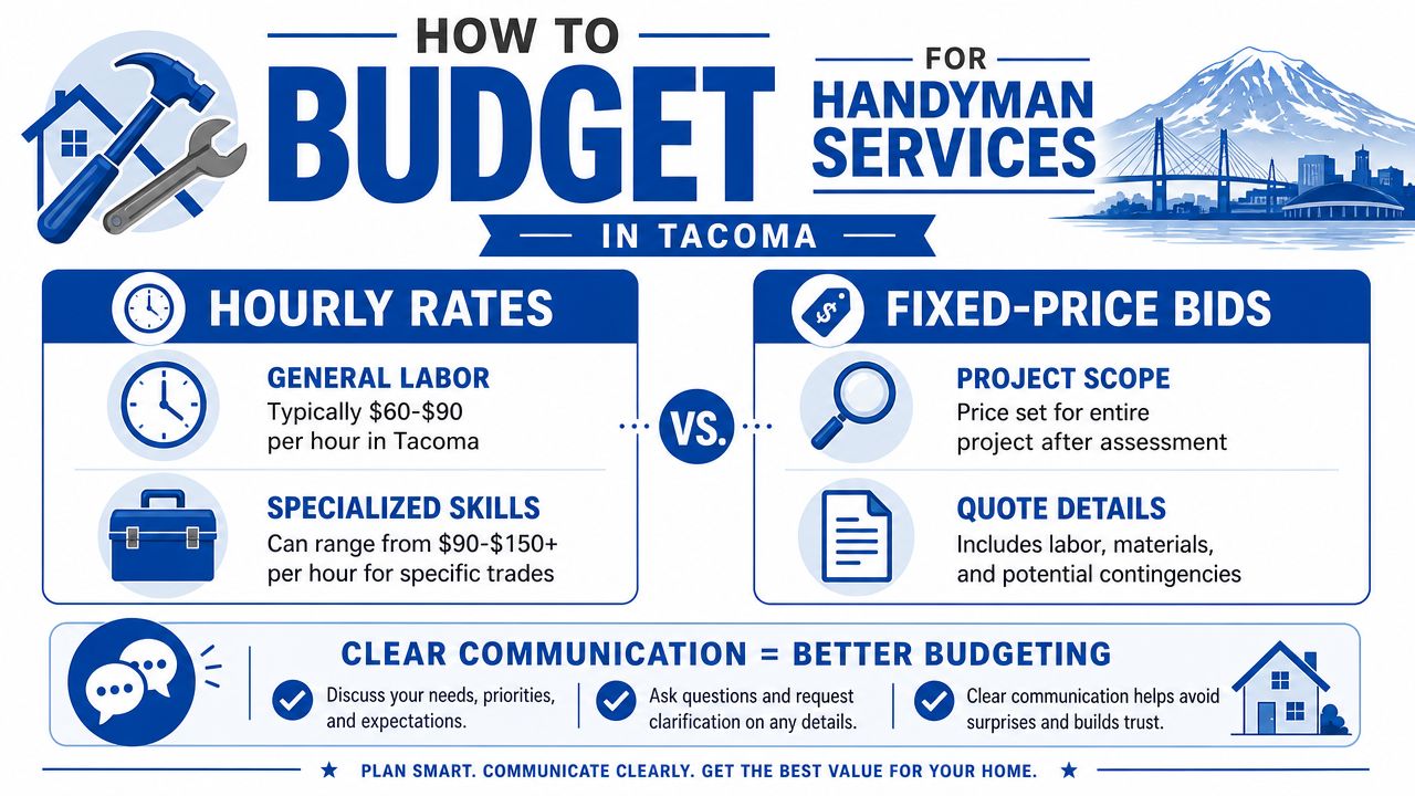 An infographic detailing budgeting options for handyman services in Tacoma including hourly rates and fixed-price bids.