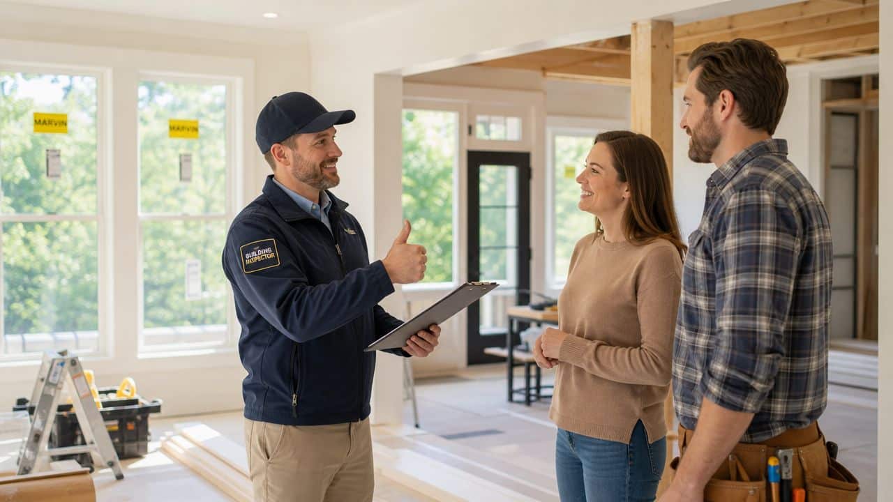 A professional building inspector giving a thumbs up to a couple inside a house under construction.