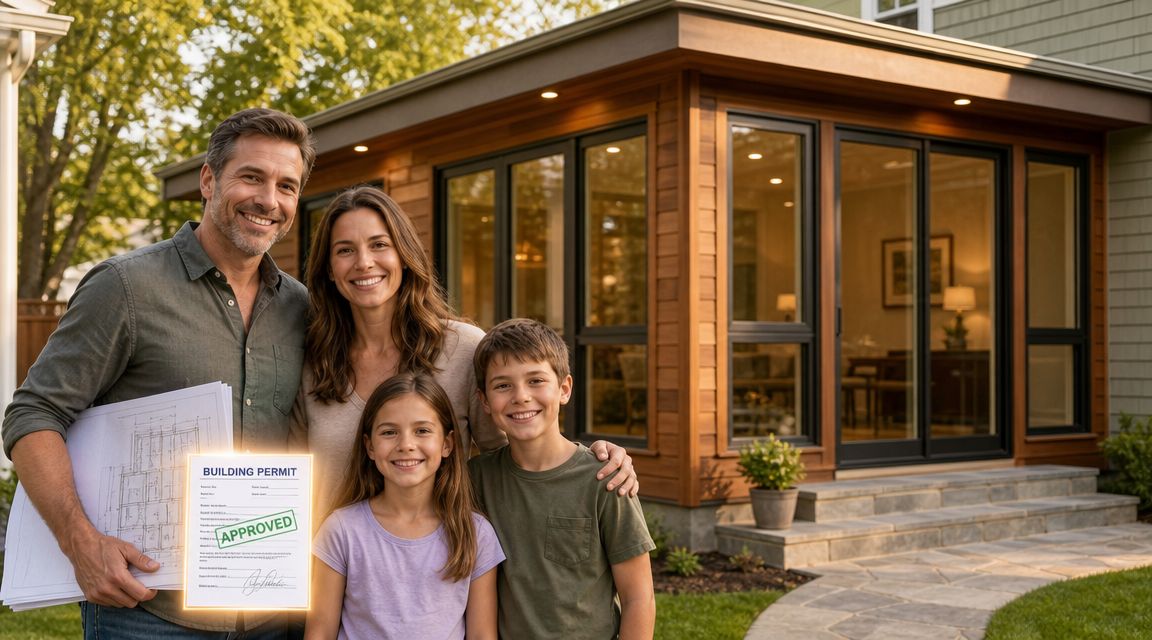 A happy family standing in front of their modern home addition holding approved building permit documents.