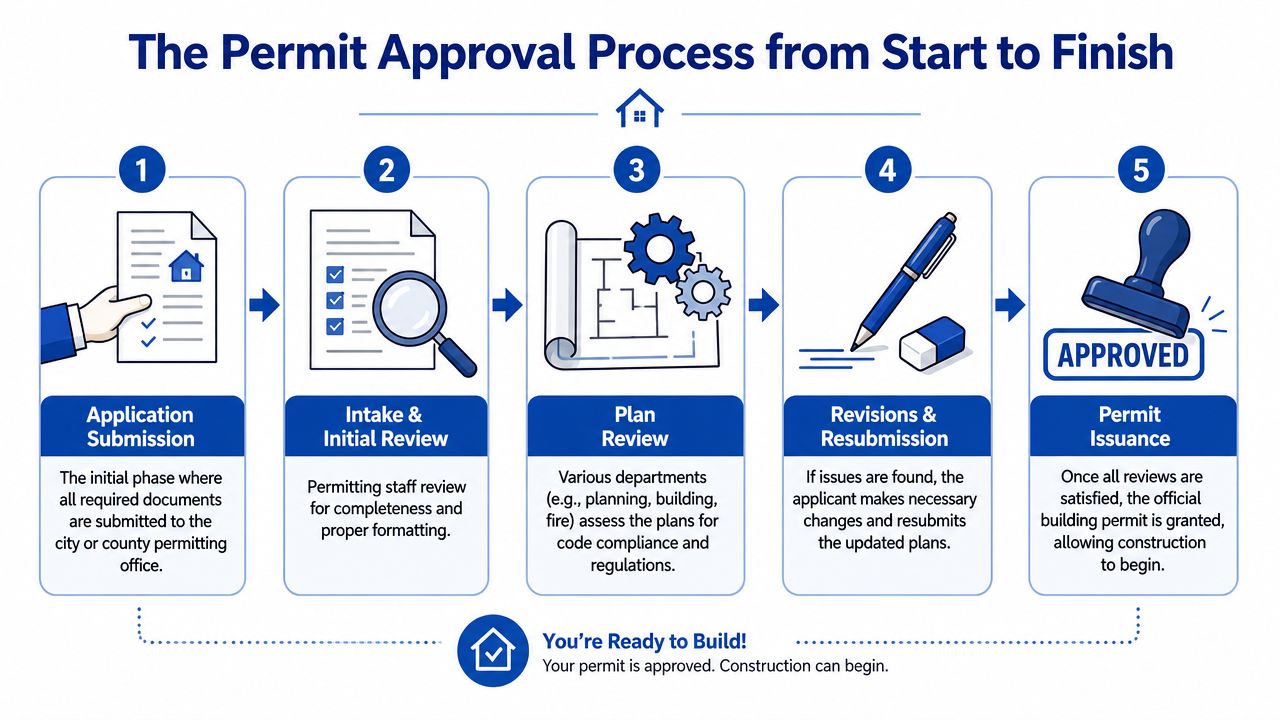 A five-step infographic showing the permit approval process from initial application submission to final permit issuance.