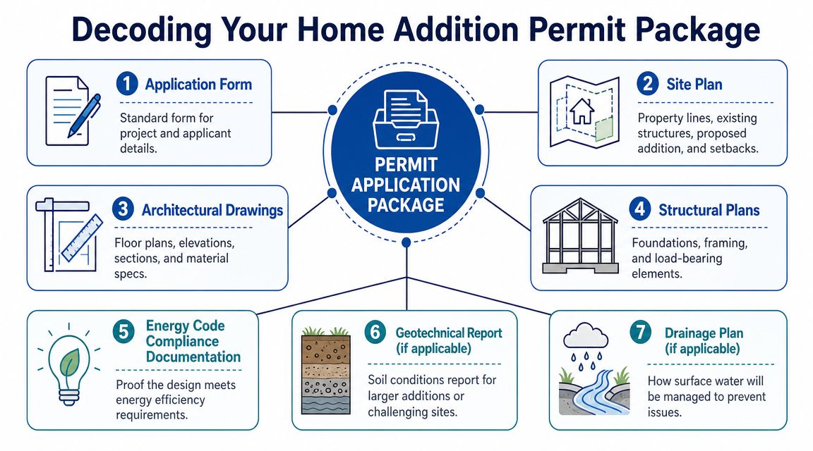 An infographic titled Decoding Your Home Addition Permit Package illustrating the seven essential documents for permit applications.