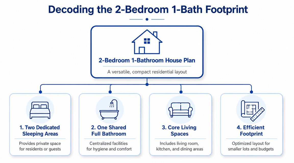 A diagram illustrating the four key components of a 2-bedroom, 1-bathroom residential house plan layout.