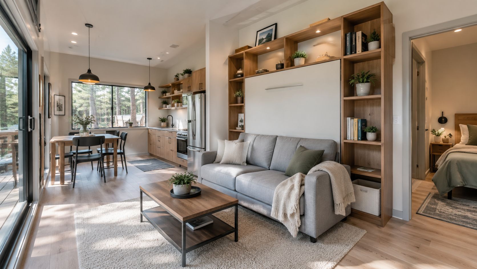 A modern open-concept living area featuring a grey sofa, wooden coffee table, and kitchen with large windows.