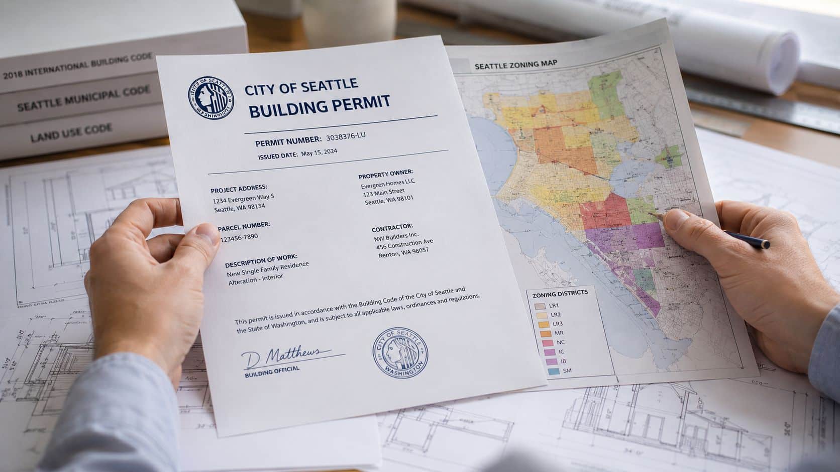 A person holding a Seattle building permit document and reviewing a city zoning map on a desk.