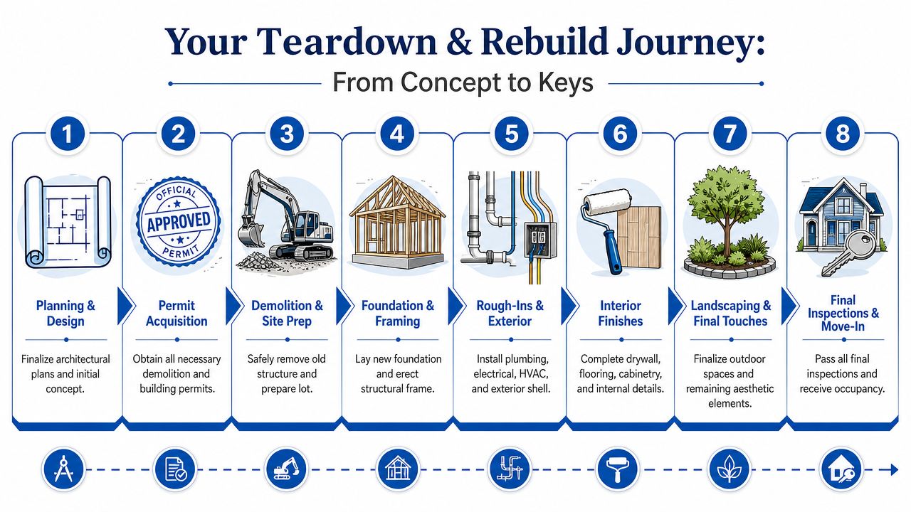 An eight-step infographic illustrating the professional process of tearing down an existing house and building a new one.