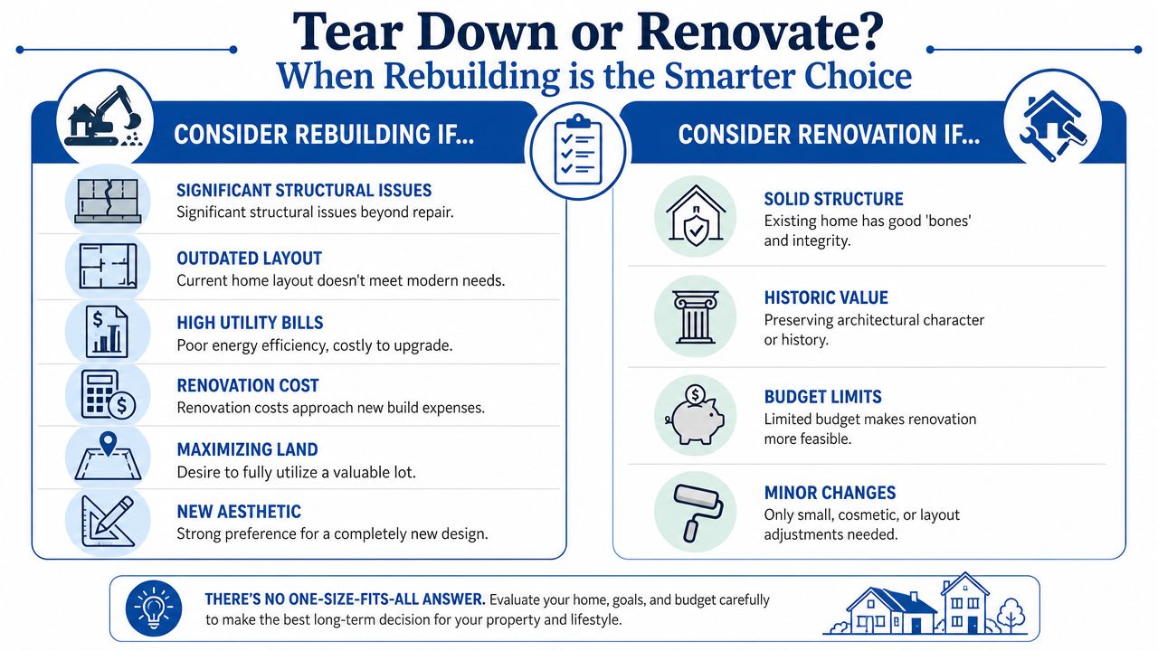 A comparison chart outlining when to choose between tearing down or renovating your home based on various factors.