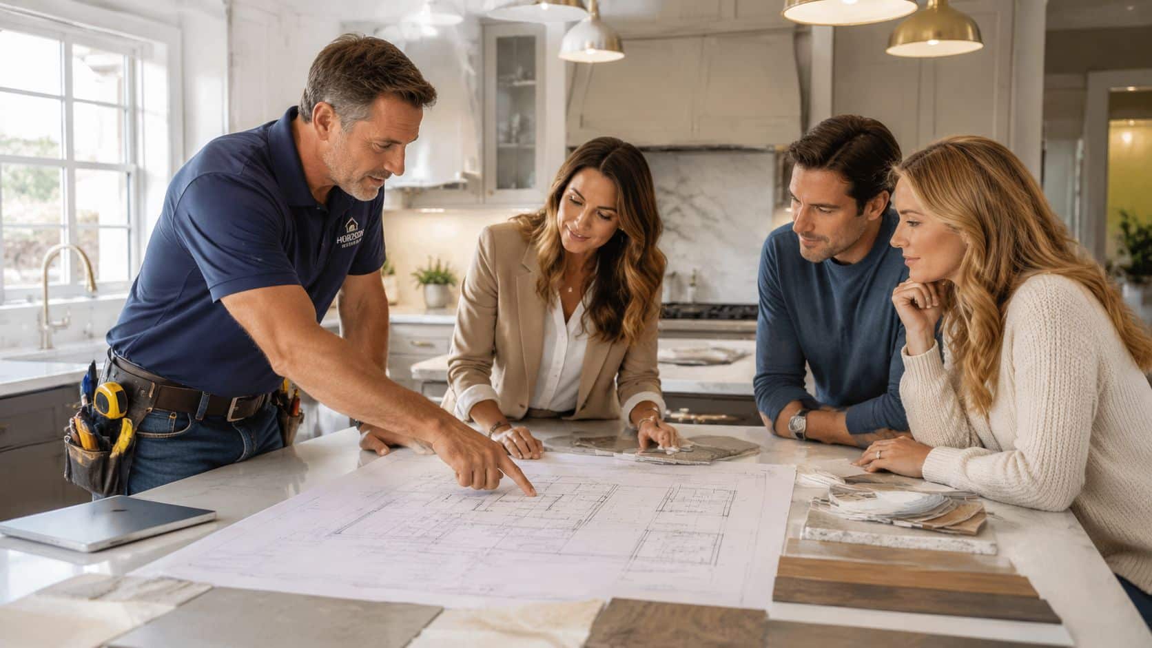 A professional contractor reviewing floor plans with a couple in a modern kitchen design consultation.