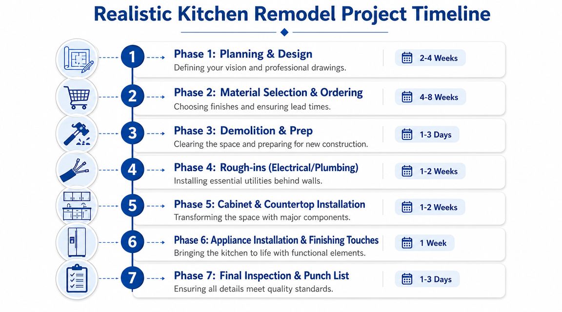 A timeline graphic outlining the seven phases of a professional kitchen remodeling project, from design to inspection.