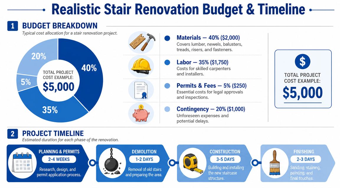 A detailed infographic breaking down the budget and timeline for a professional stair renovation project.