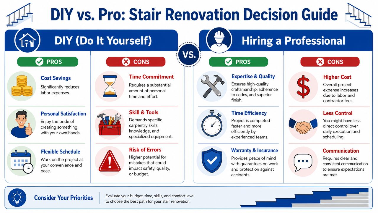 A decision guide comparing the pros and cons of DIY stair renovation versus hiring a professional contractor.