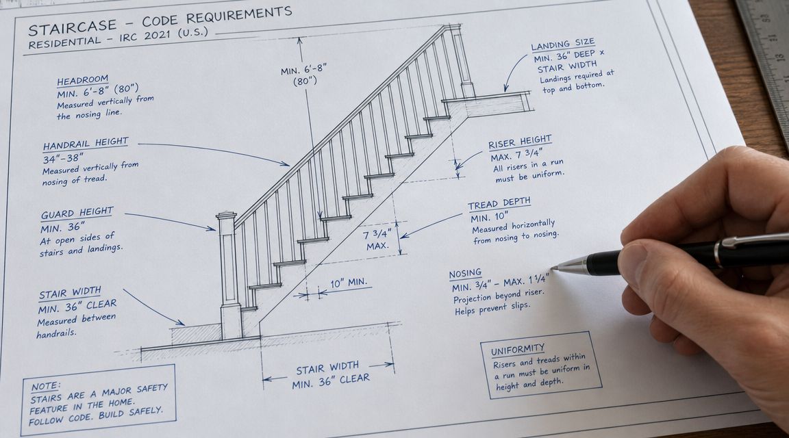A detailed architectural blueprint illustrating residential stair building code requirements for risers, treads, and handrails.