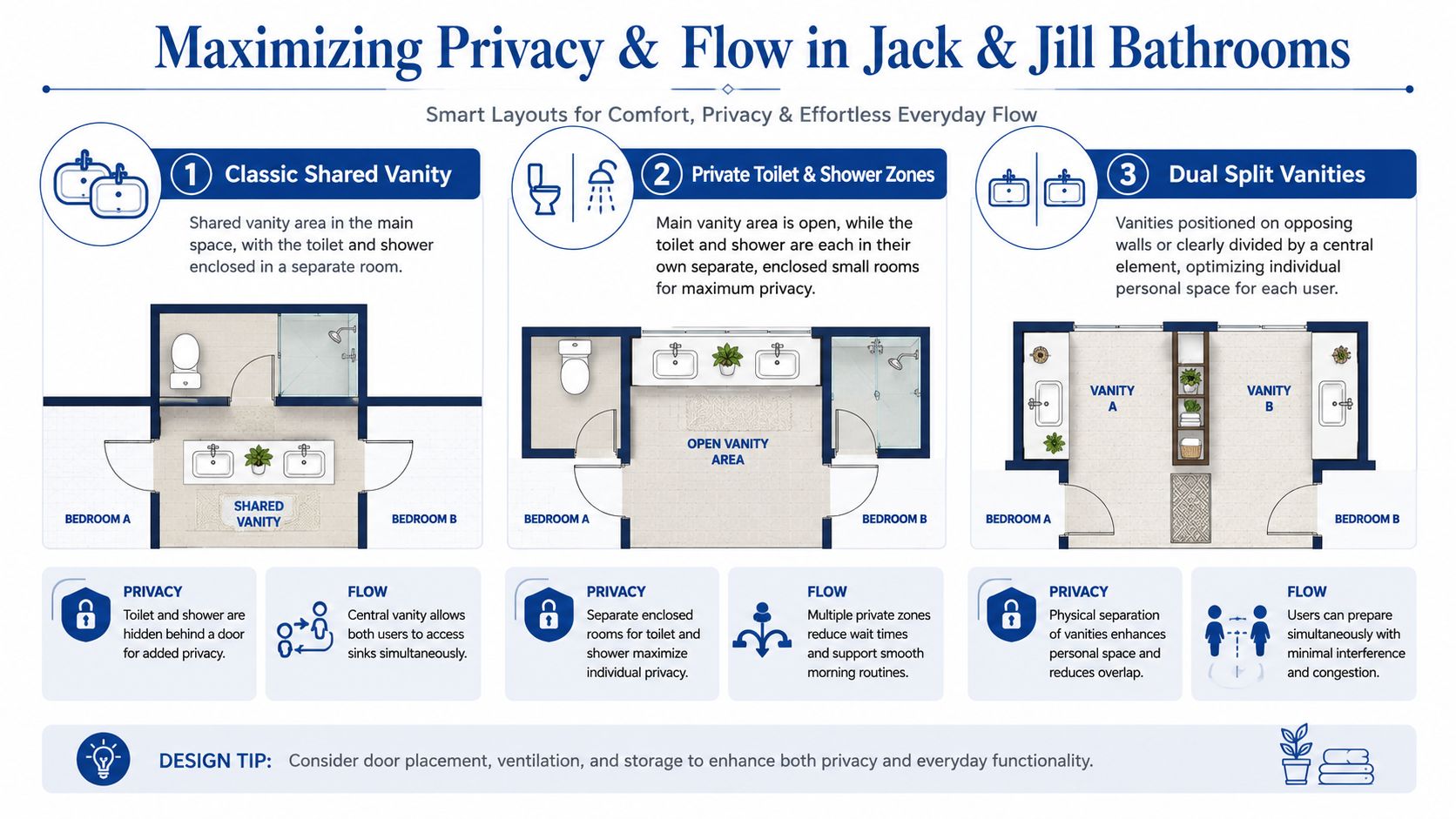 A design infographic showing three layouts for maximizing privacy and efficiency in a Jack and Jill bathroom.