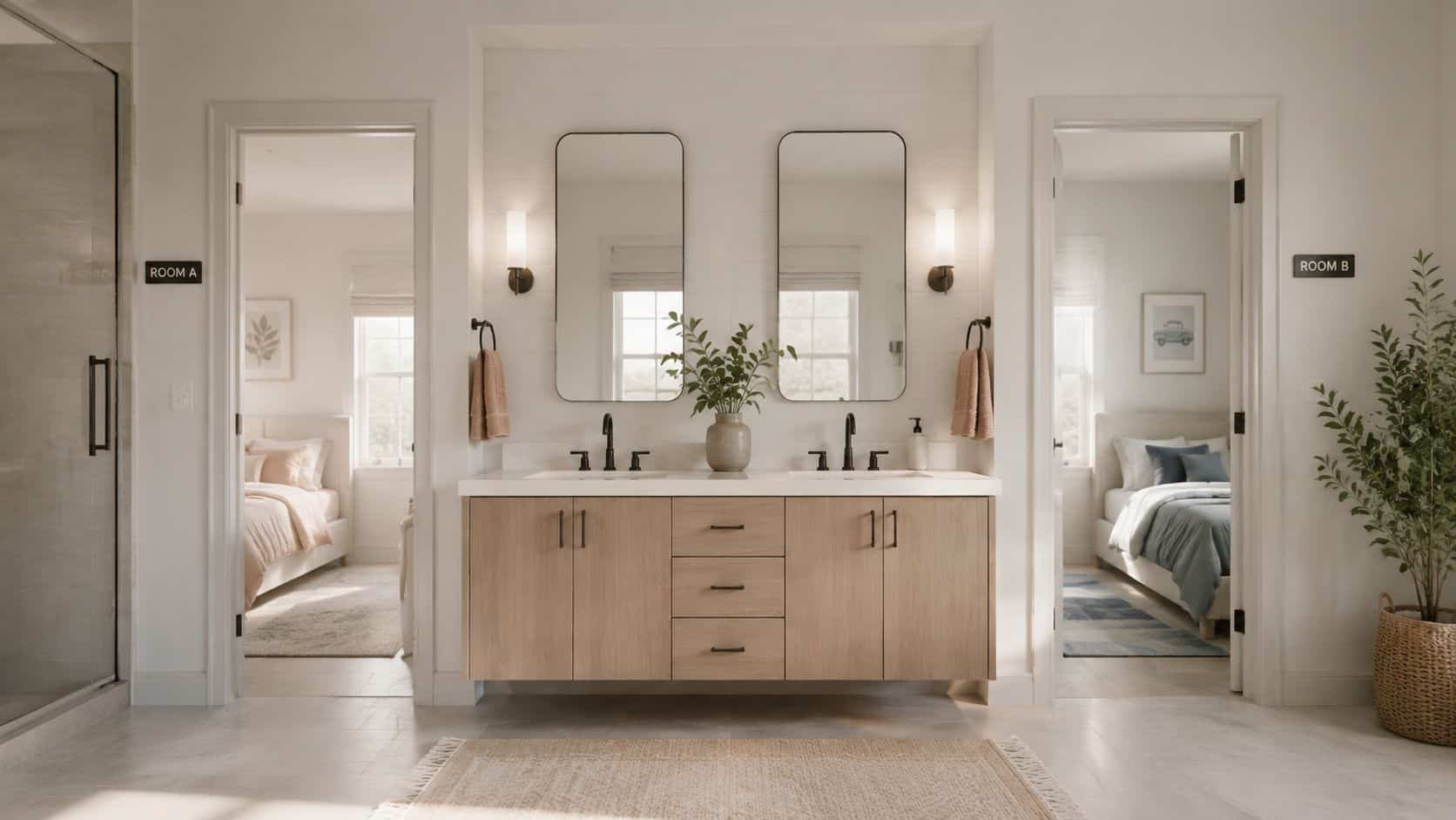 A modern double vanity bathroom with neutral wood cabinets and matching doors to two adjacent bedrooms.
