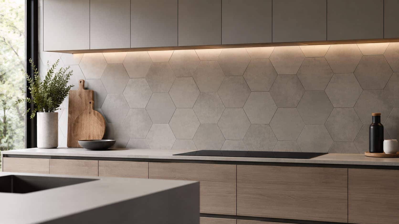 A modern kitchen featuring a neutral-toned hexagonal tile backsplash and natural wood cabinets with ambient lighting.