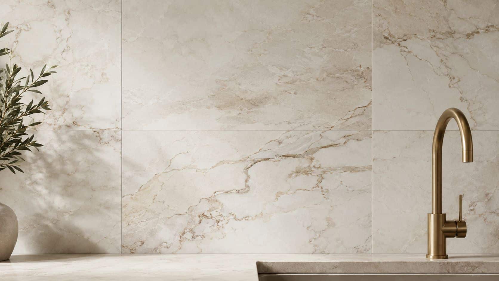 A modern kitchen backsplash featuring large beige marble tiles with elegant brown veining and a brass faucet.