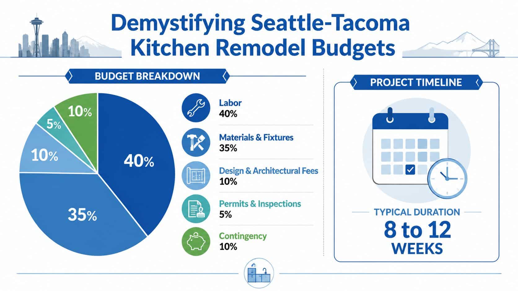 An infographic detailing budget breakdowns and project timelines for kitchen remodeling in the Seattle-Tacoma area.