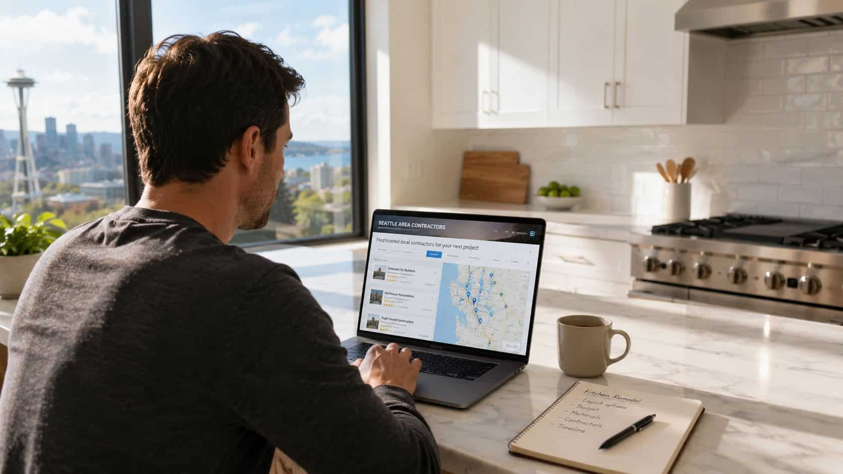 A man looking at Seattle kitchen remodel contractors on his laptop while sitting in a kitchen.