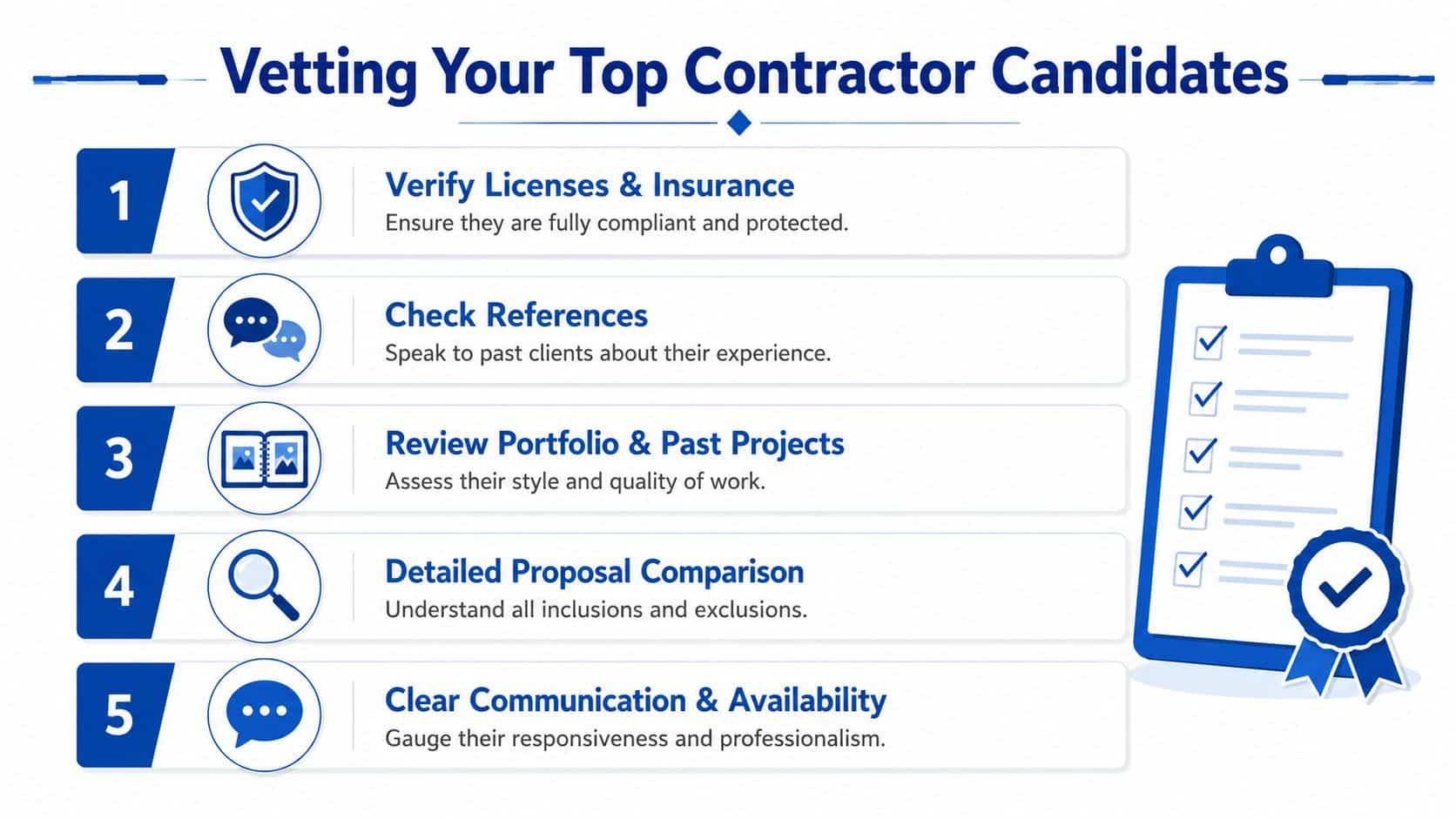 A checklist infographic detailing five essential steps for vetting and selecting reliable home improvement contractor candidates.