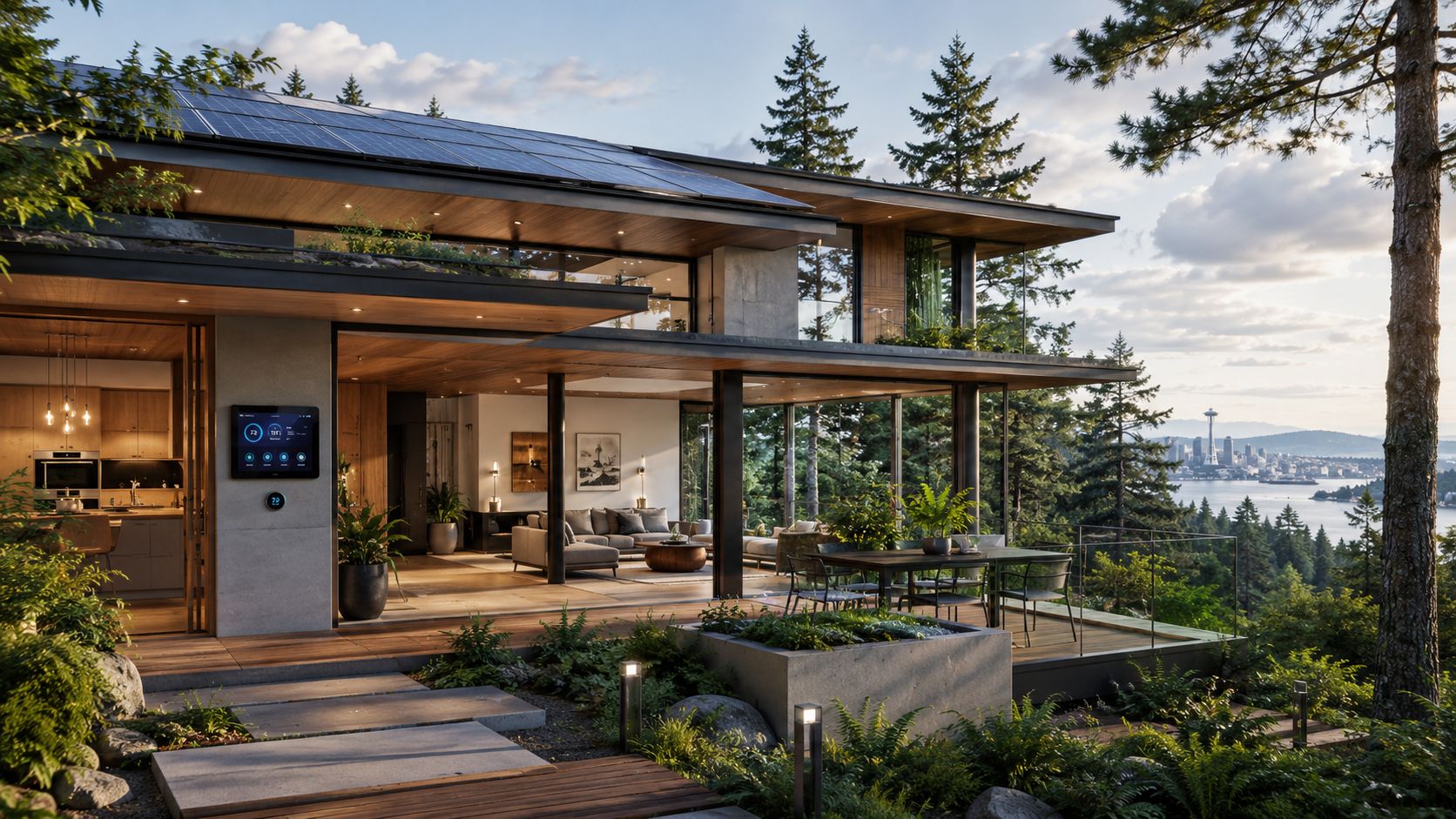 A luxurious modern home with solar panels overlooking a scenic landscape with the Seattle Space Needle distant.