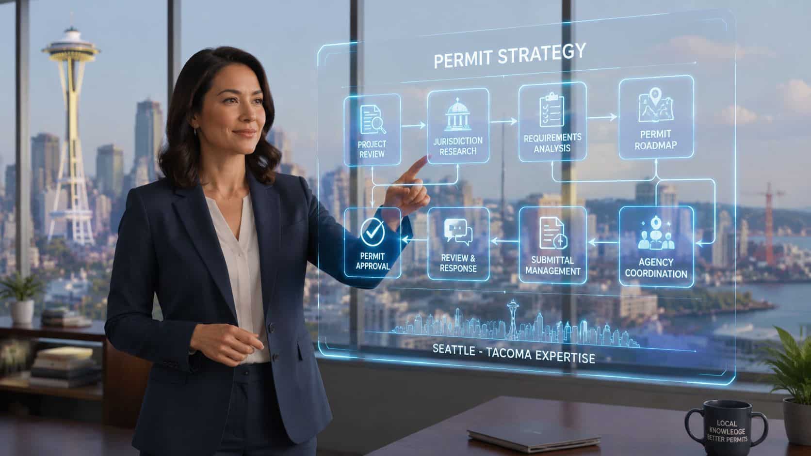 A professional businesswoman interacting with a futuristic digital interface outlining a streamlined permit strategy in Seattle.