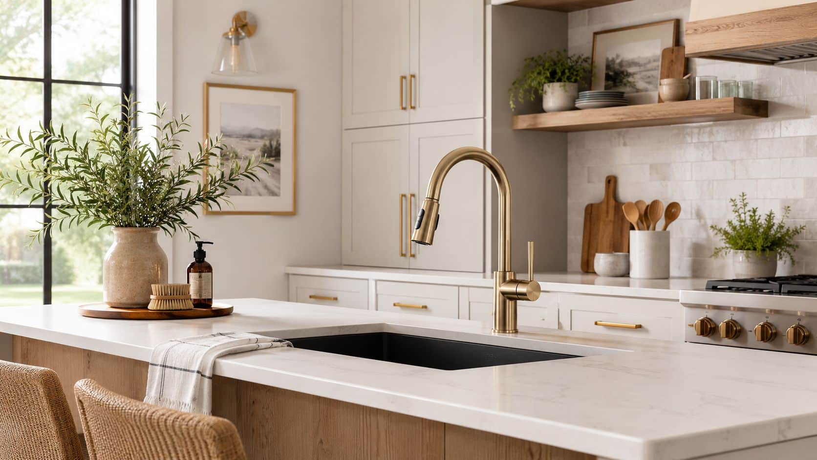 A modern kitchen island features a sleek gold single handle kitchen faucet with a pull-down sprayer.