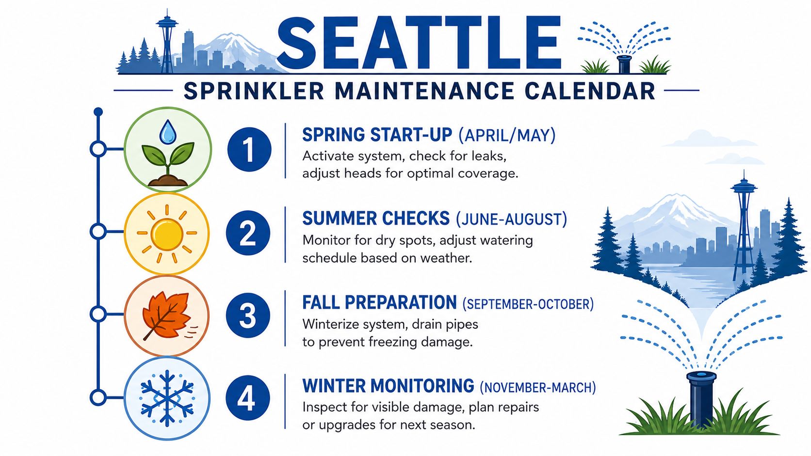 A Seattle sprinkler maintenance calendar infographic showing seasonal irrigation tasks from spring start-up to winter monitoring.