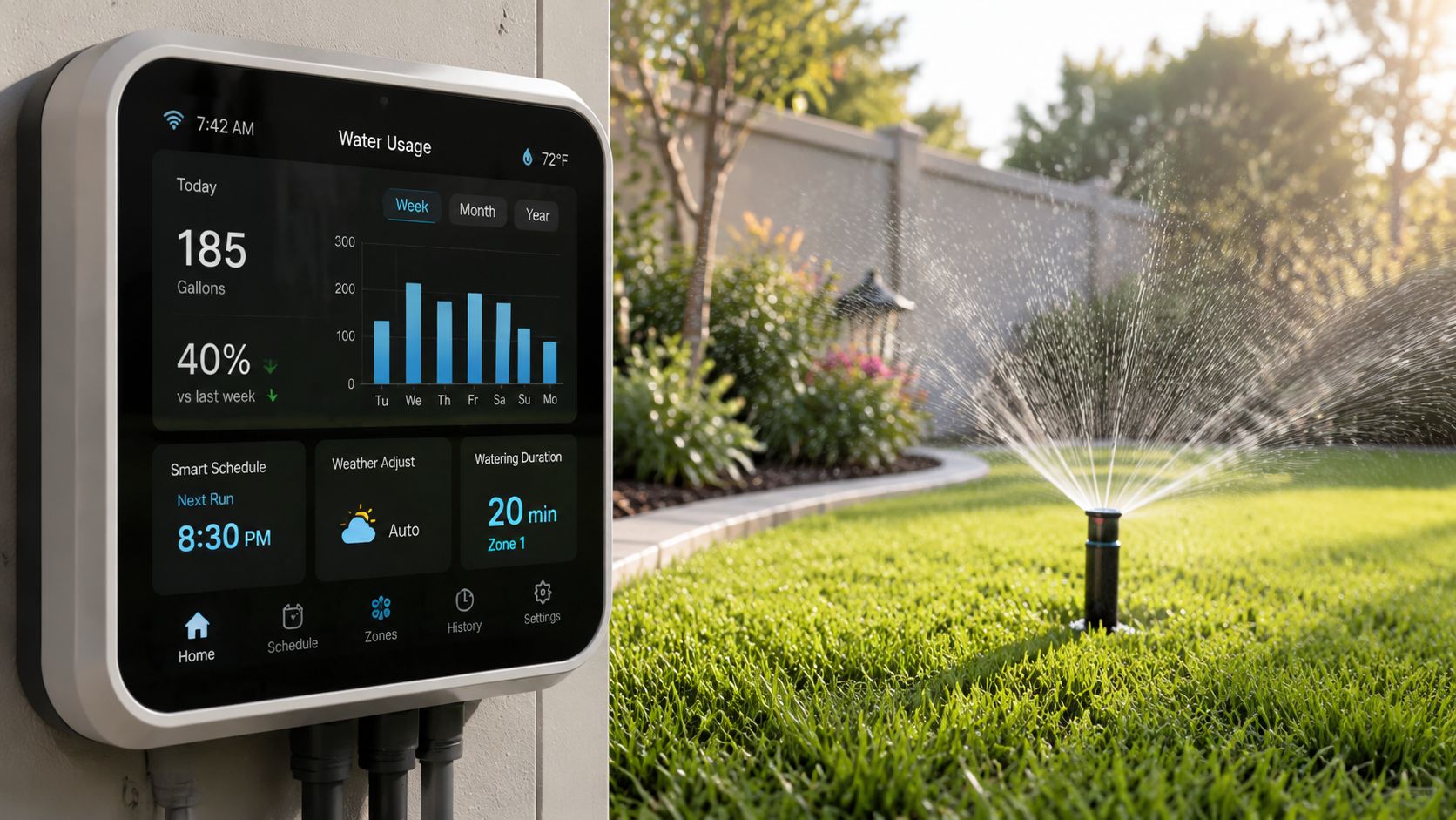 A digital smart sprinkler controller mounted on a wall displaying water usage statistics next to a garden sprinkler.