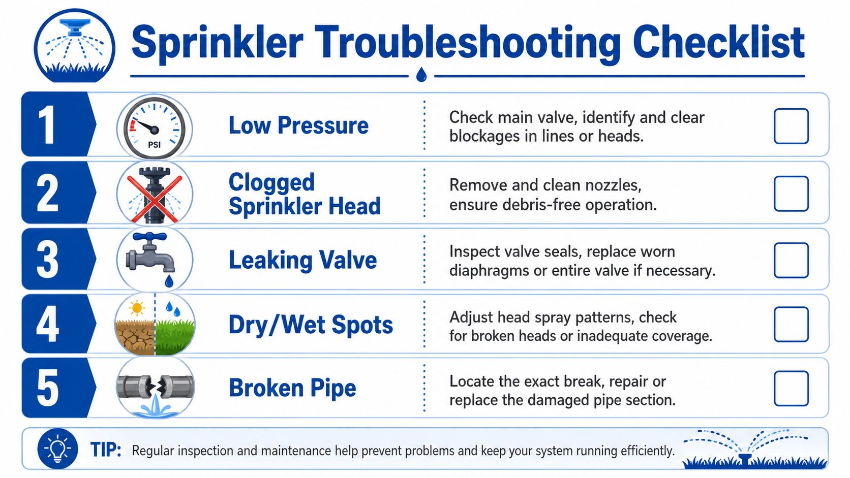 A numbered checklist for troubleshooting common issues with home irrigation and lawn sprinkler systems.