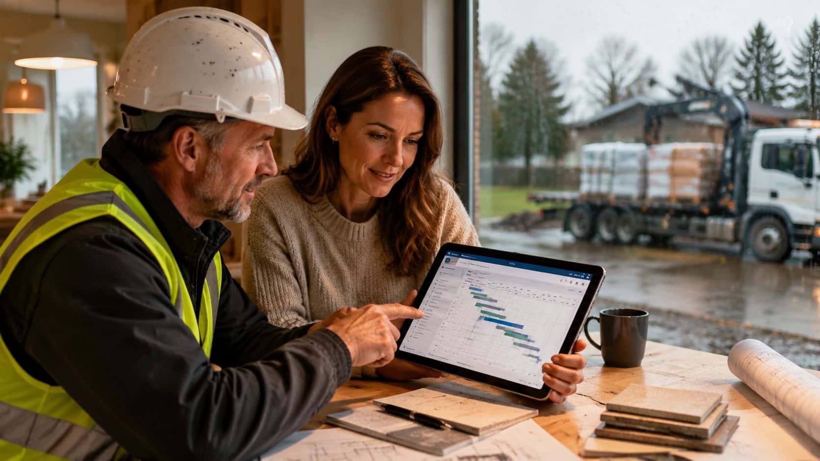 A construction manager and a client reviewing a project timeline on a digital tablet together.
