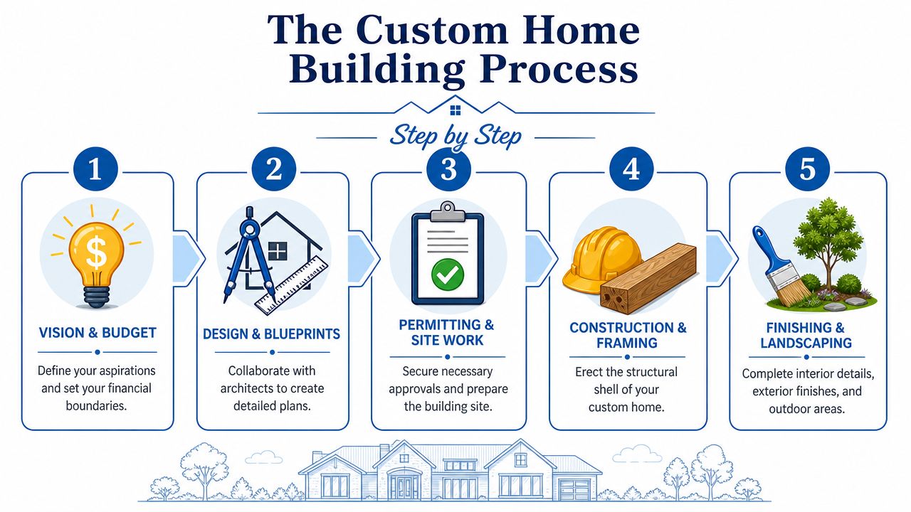 A five-step infographic showing the stages of the custom home building process, from vision to landscaping.