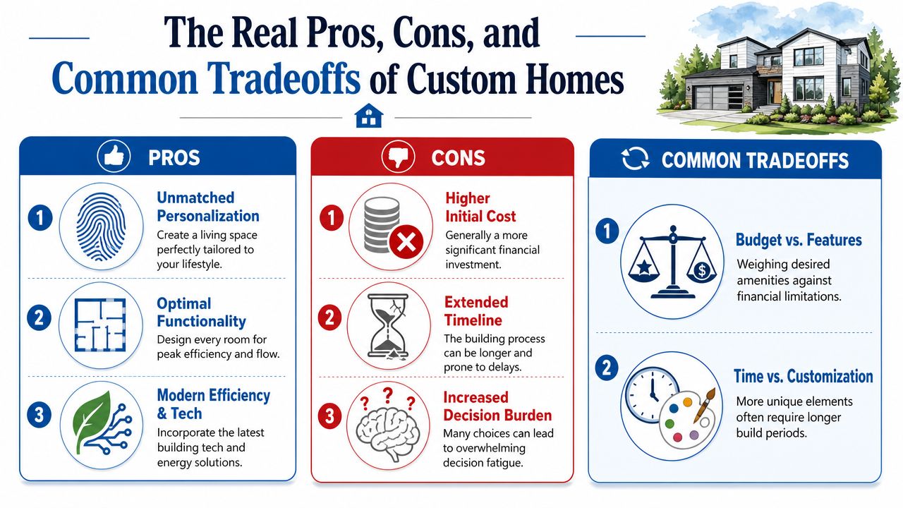 An infographic detailing the pros, cons, and common tradeoffs involved in building a custom home.