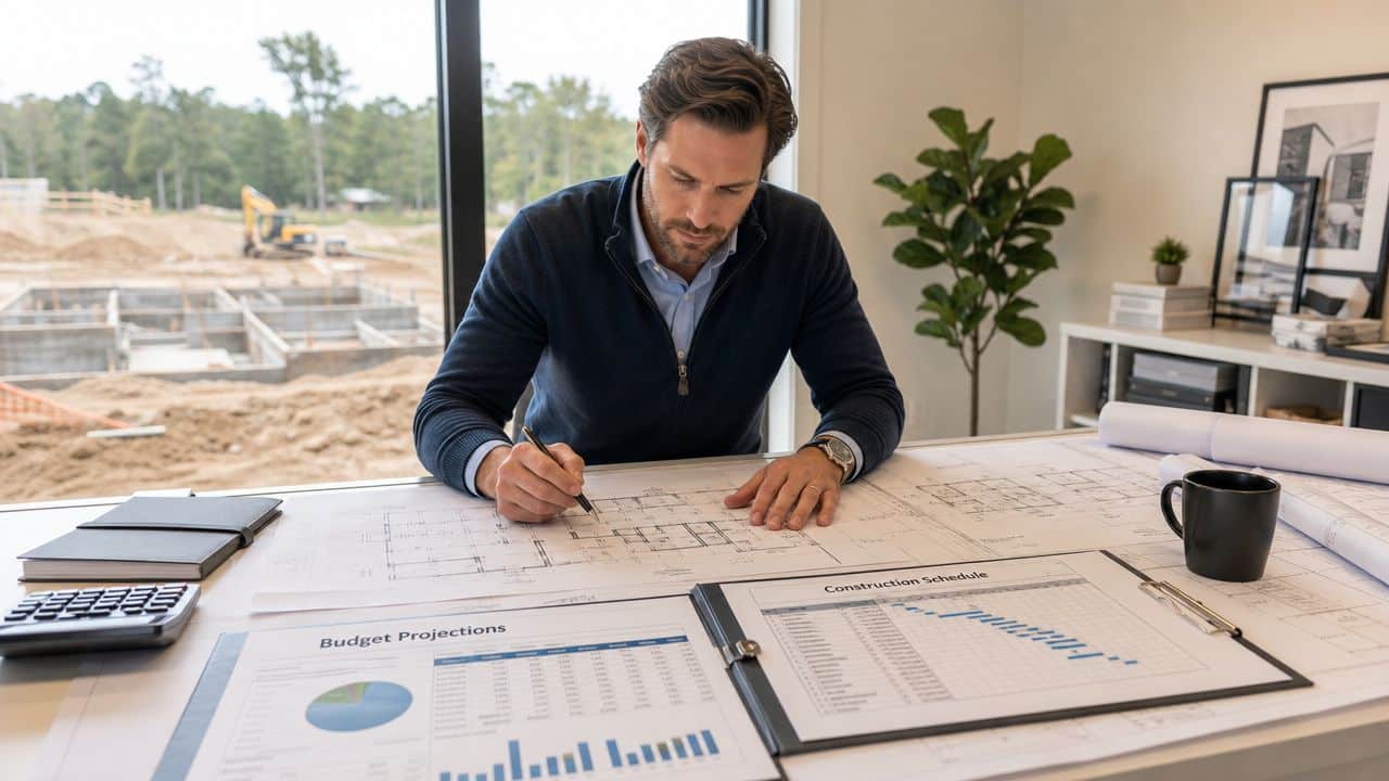A professional construction project manager reviewing architectural blueprints and budget projections in a modern office.