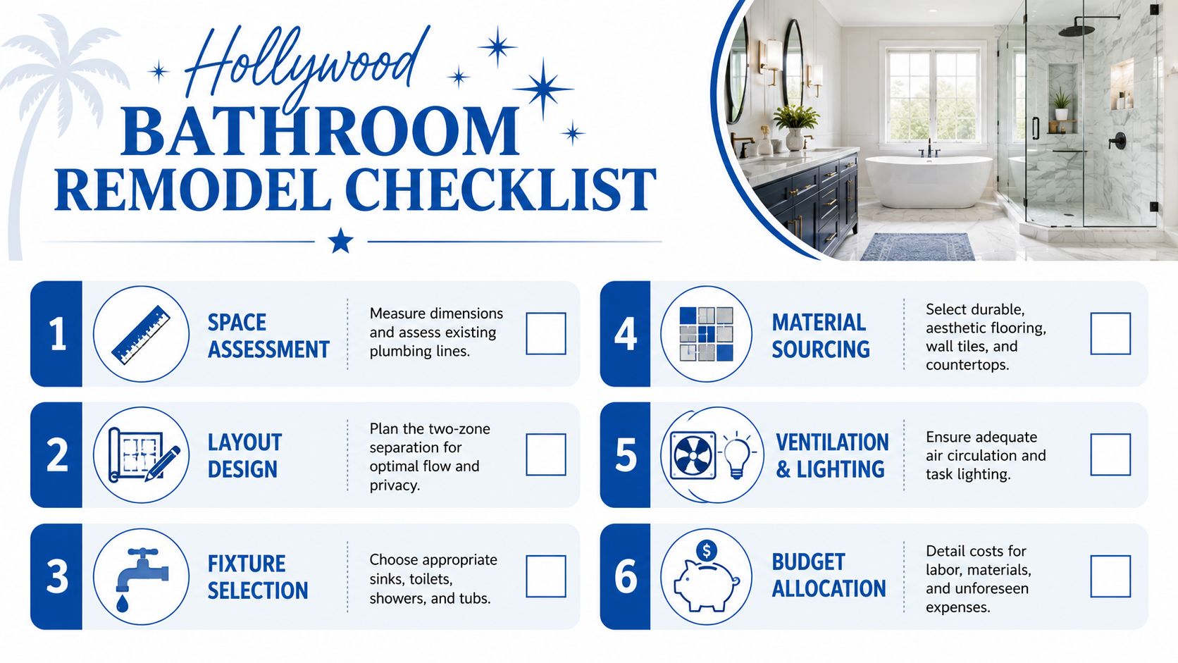 A professional Hollywood bathroom remodel checklist outlining six essential steps for planning a luxury bathroom renovation project.
