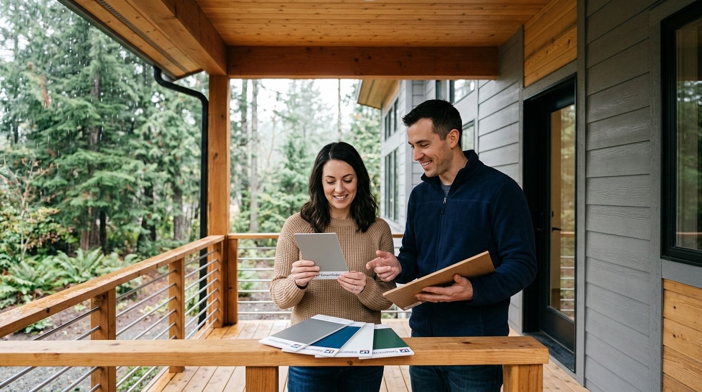 A couple standing on a wooden porch selecting siding material samples for their home renovation project.